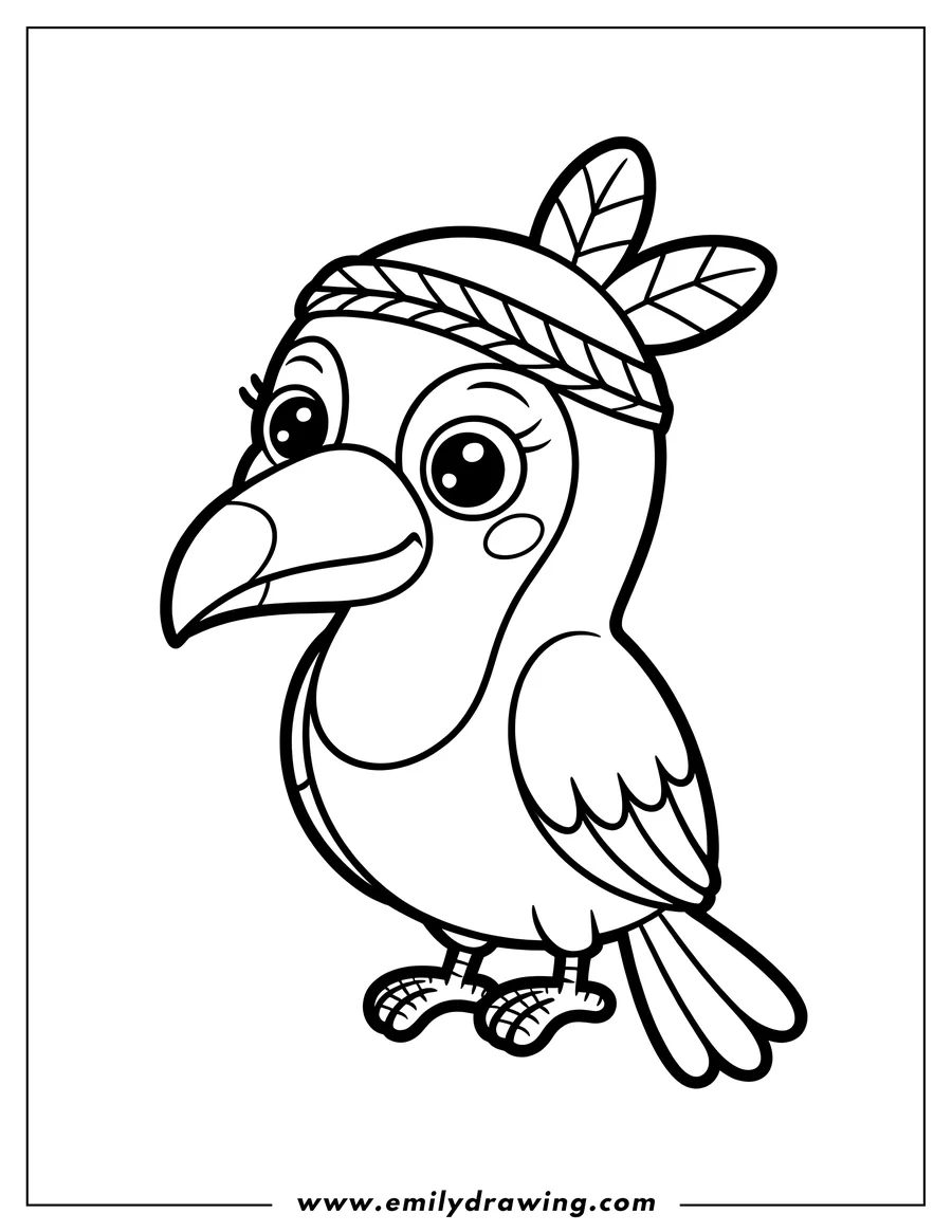 Outline of a toucan wearing a headband with two large feathers.