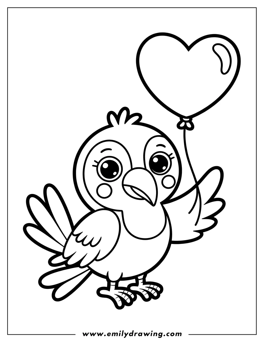 Line art of a toucan holding a heart-shaped balloon.