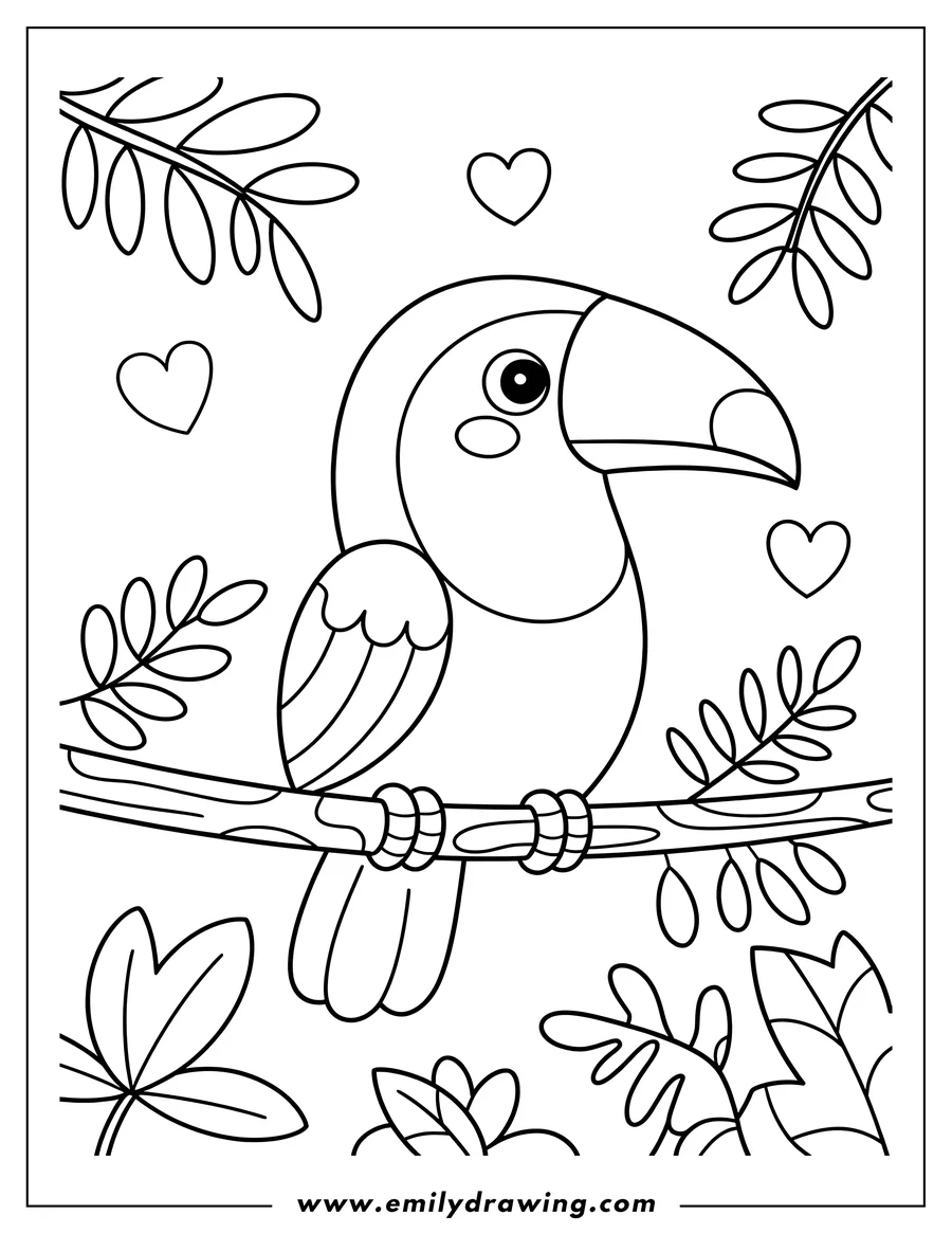 Outline of a toucan perched on a branch, surrounded by hearts and leaves.
