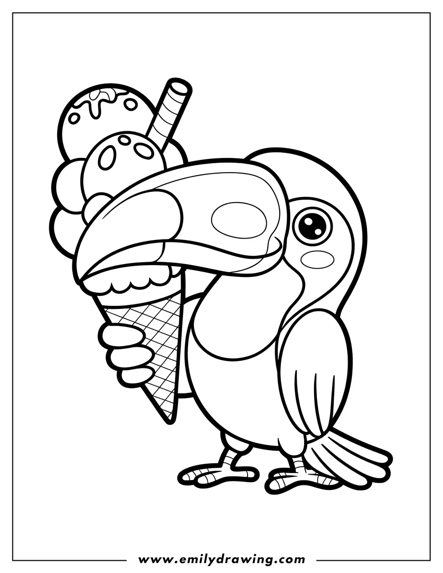 Line art of a toucan holding an ice cream cone with two scoops and a wafer straw.