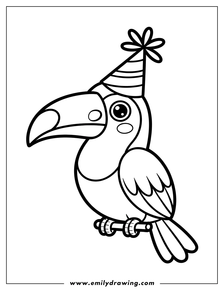 Line art of a toucan wearing a striped party hat perched on a branch.