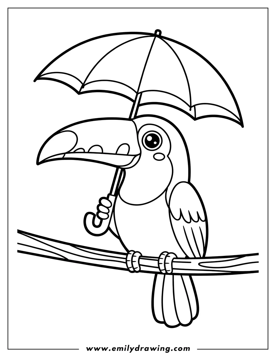 Outline of a toucan perched on a branch, holding an open umbrella.