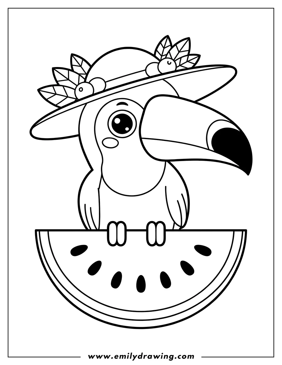 Line art of a toucan wearing a hat with leaves and berries, holding a slice of watermelon.