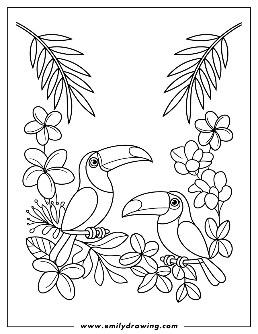 Two toucans perched on branches surrounded by tropical flowers and leaves.