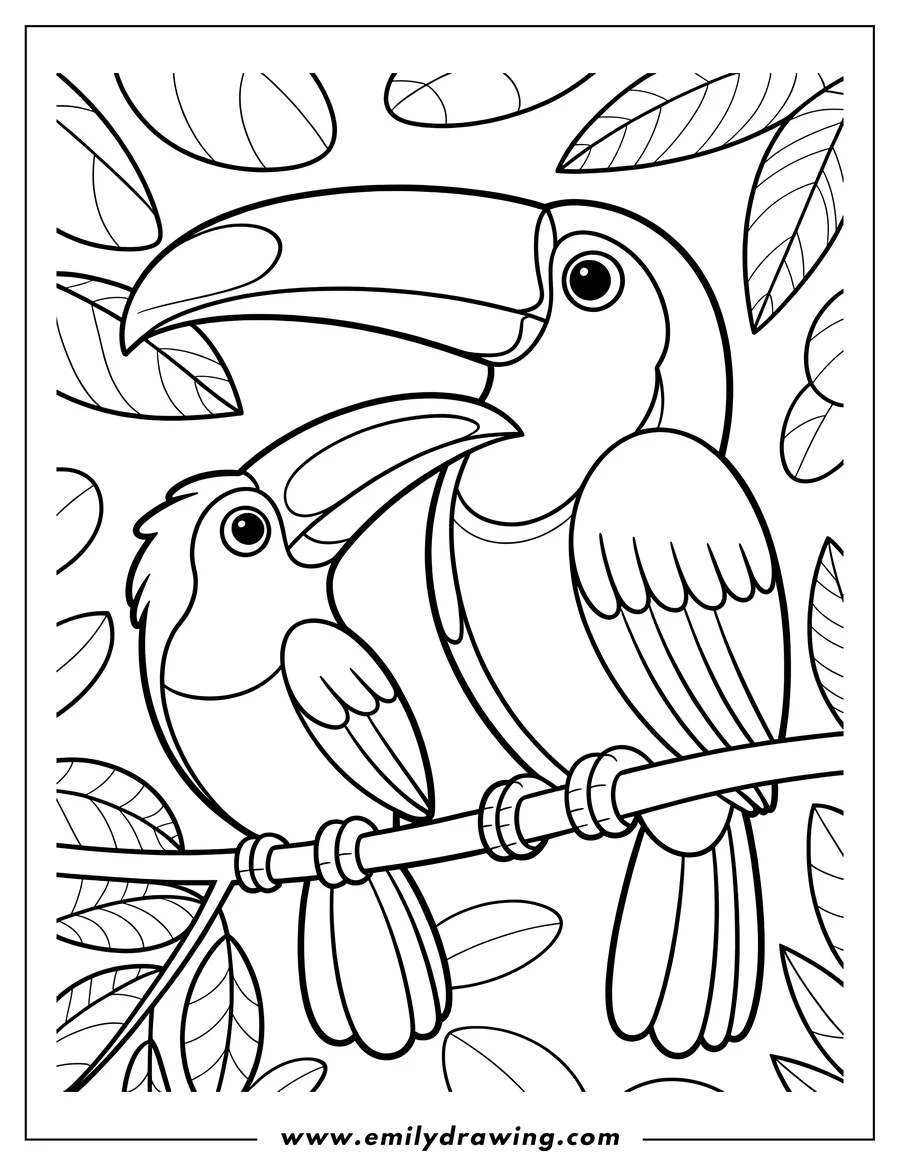 Line art of two toucans perched on a branch, surrounded by leaves.