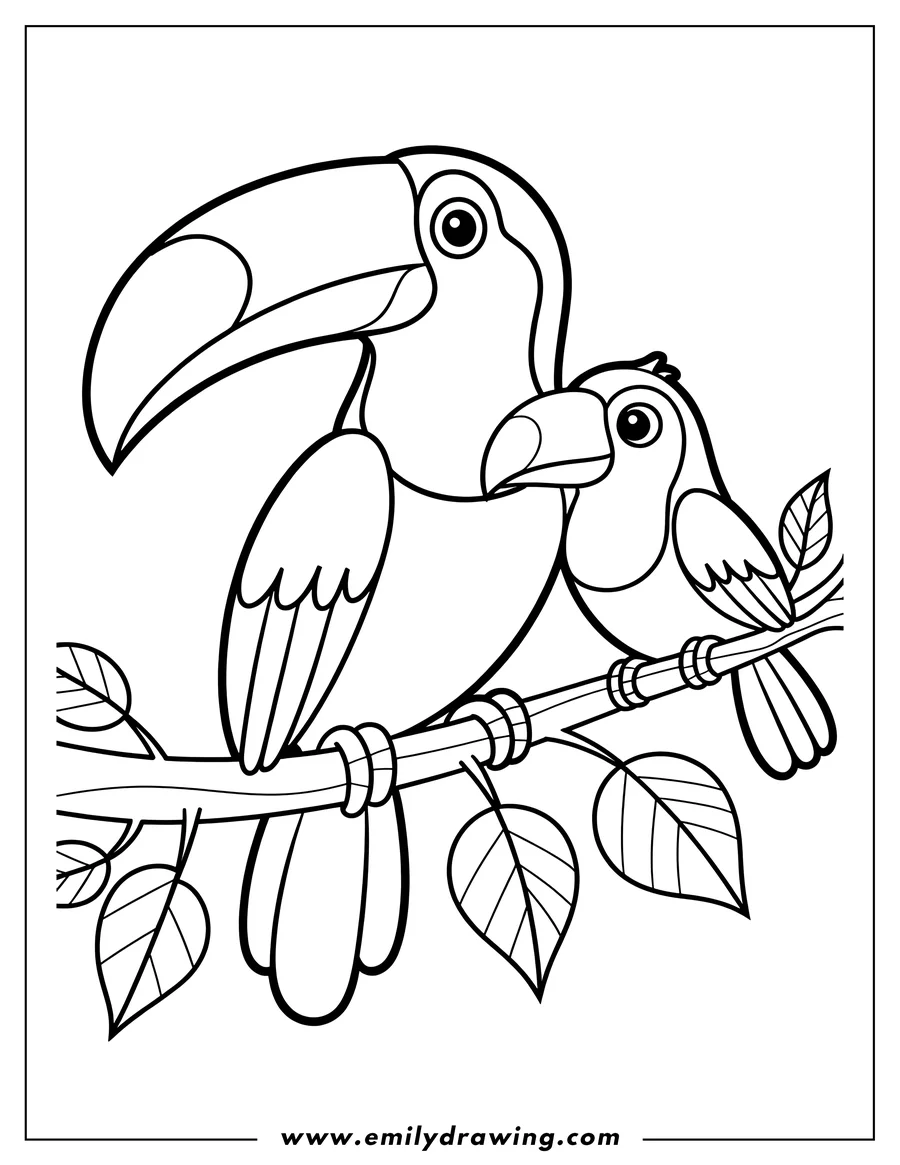 Outline of two toucans, one large and one small, perched together on a tree branch with leaves.