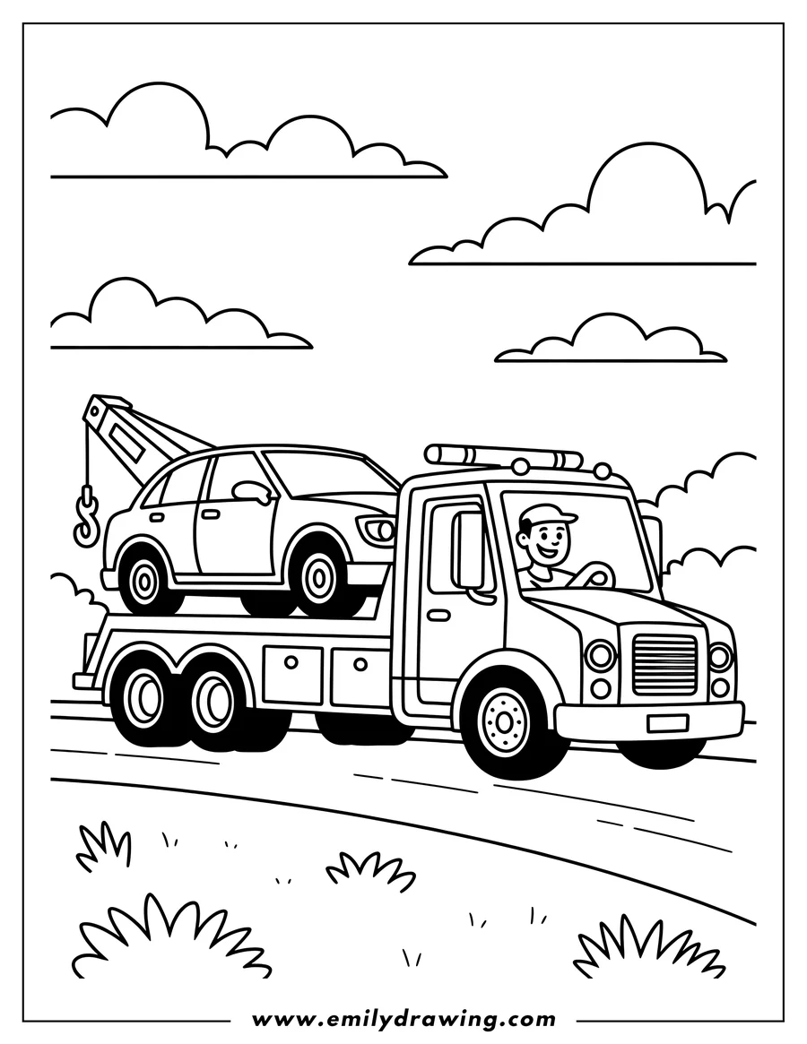 Line art of a tow truck carrying a car on its flatbed. The tow truck driver smiles from the cab. 