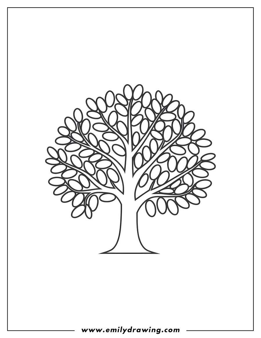 Line art of a simple tree with many oval-shaped leaves.