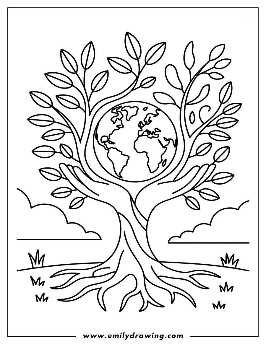 Line art of a tree with hands holding the Earth. The tree has large roots and many leaves. Tufts of grass and stylized clouds are in the background.