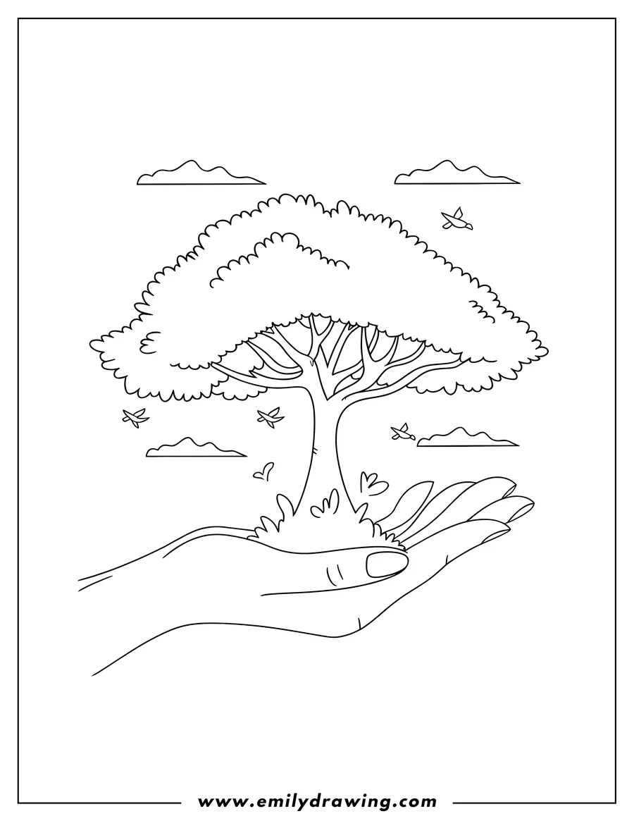 Line art of a hand gently holding a tree, with birds flying around and fluffy clouds in the sky.