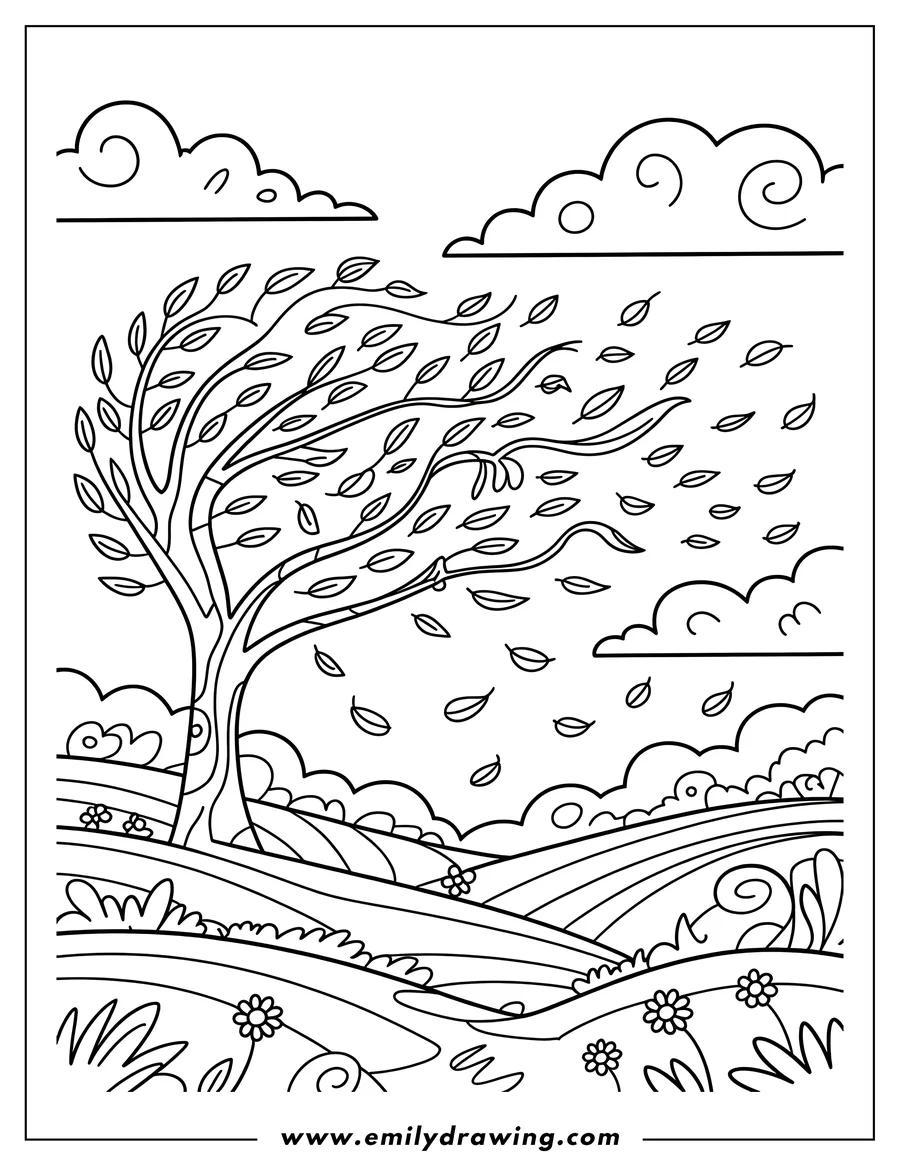 Outline of a tree with leaves blowing in the wind, set against a rolling hillside landscape.