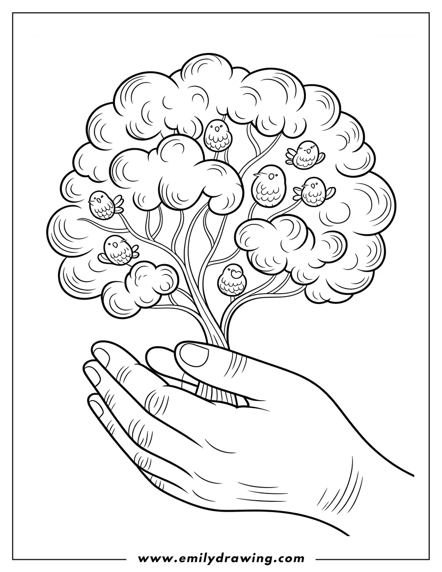 Line art of a hand gently holding a small, stylized tree with several fluffy birds nestled among its branches.