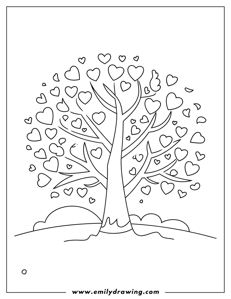 Outline of a tree with heart-shaped leaves.