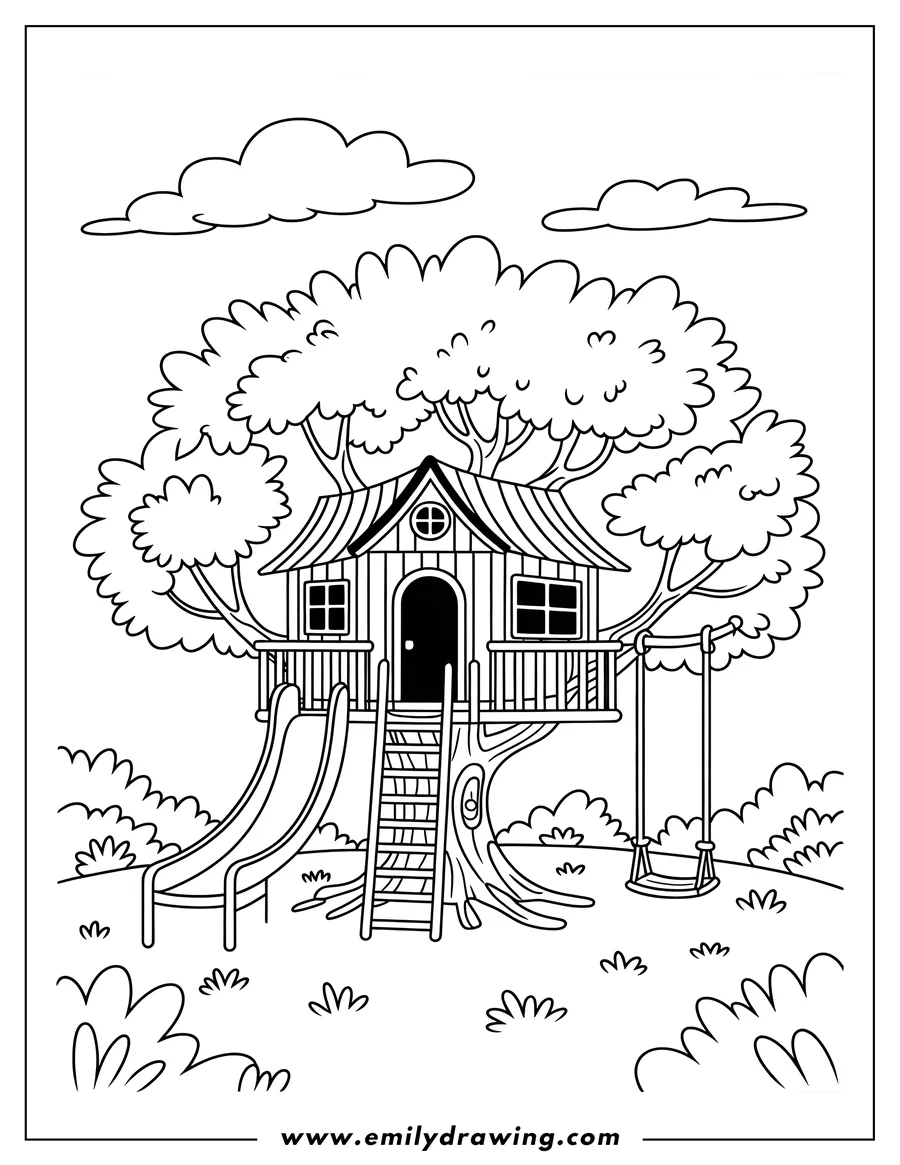 Outline of a treehouse with a slide, swing set, ladder, and windows nestled in a large tree.