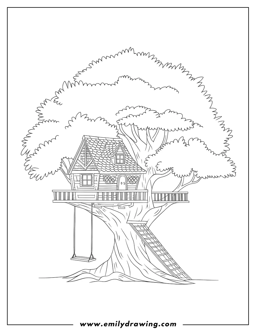 Line art of a treehouse nestled in a large tree with a swing hanging from the treehouse platform and a ladder leading up to the treehouse.