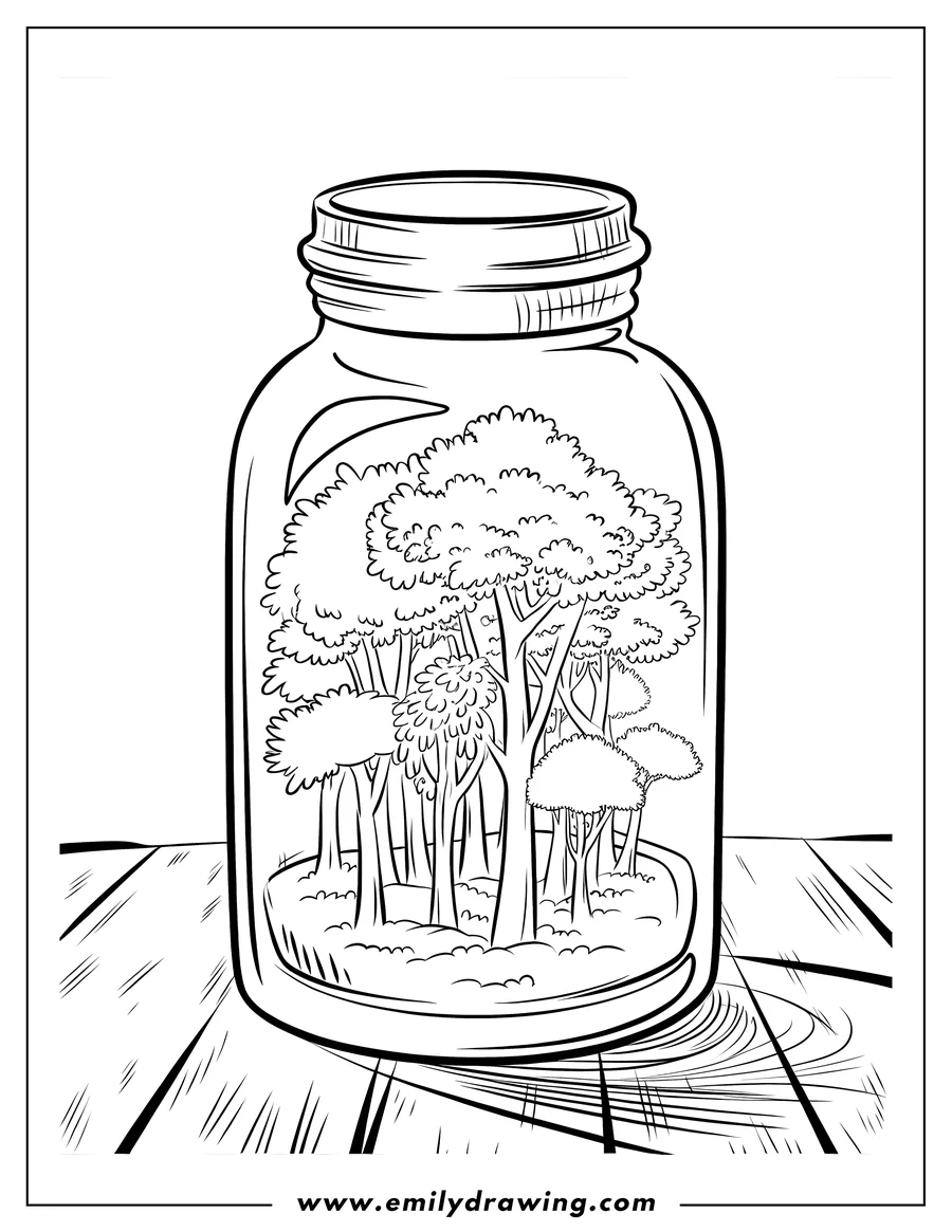 Outline of several trees growing inside a glass jar on a wooden surface.