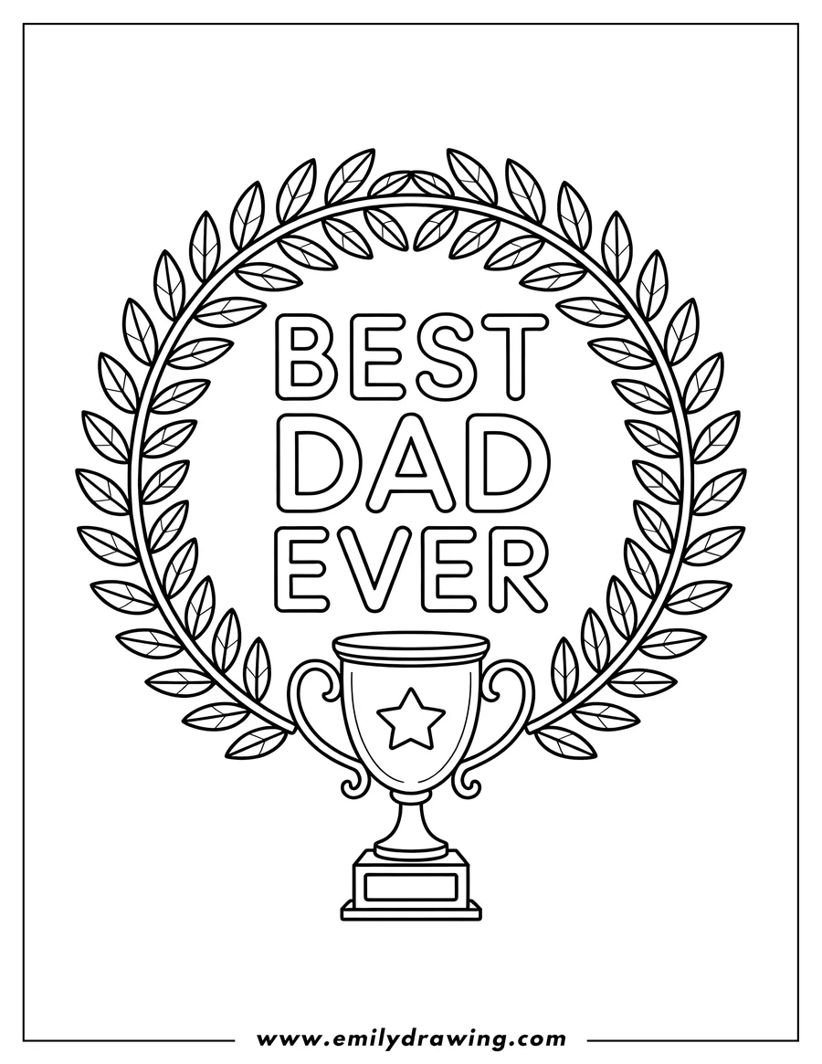 Line art of a trophy with a star and a laurel wreath around the words