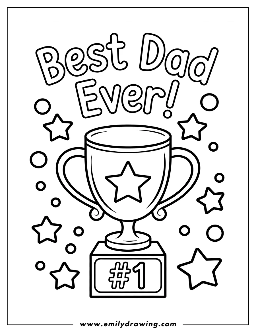 A simple drawing of a trophy labeled number 1 with stars and circles surrounding it. Text on the top reads