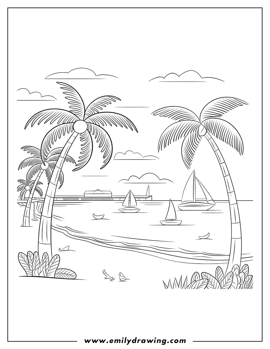 Outline of a sunny tropical beach scene with sailboats, palm trees, and calm water.