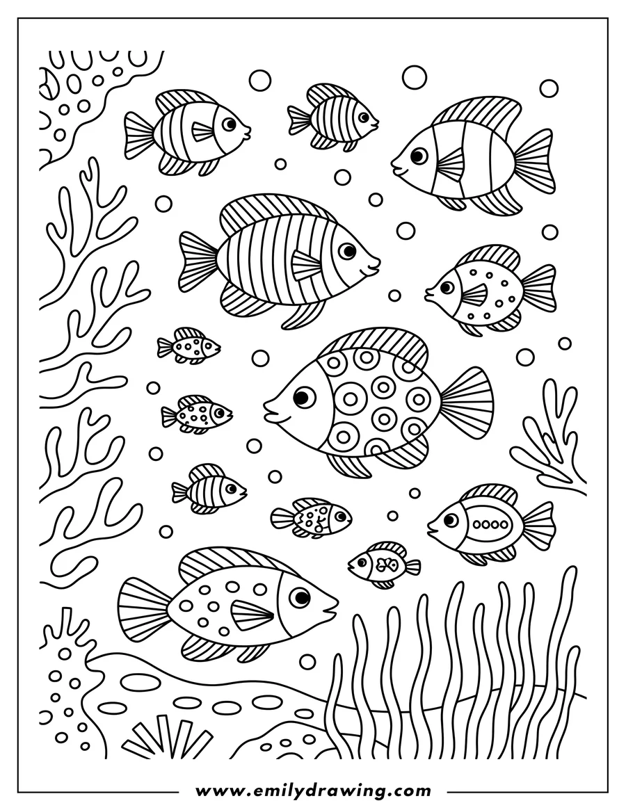 Outline of several tropical fish of various sizes and patterns swimming amongst coral and seaweed.