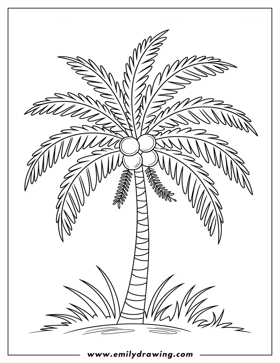 Simple line drawing of a tropical palm tree with coconuts and grass.
