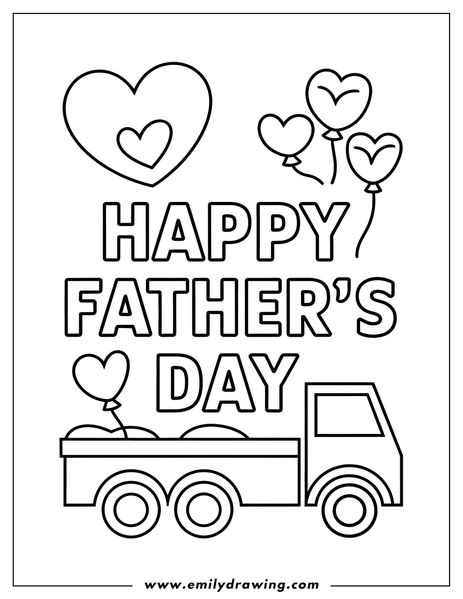 Outline of a truck carrying heart-shaped balloons with the words