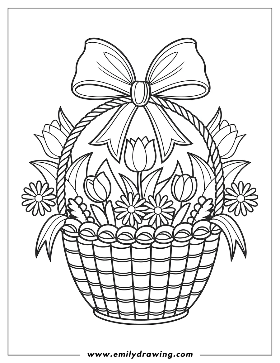 Outline of a woven basket filled with tulips, daisies, and other flowers, topped with a large bow.