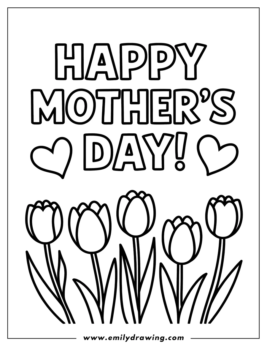 Outline of five tulips with leaves and stems. Above them is the text