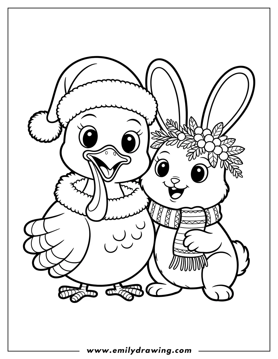 Line art of a turkey wearing a Santa hat and a bunny wearing a winter scarf. They are ready for Christmas.