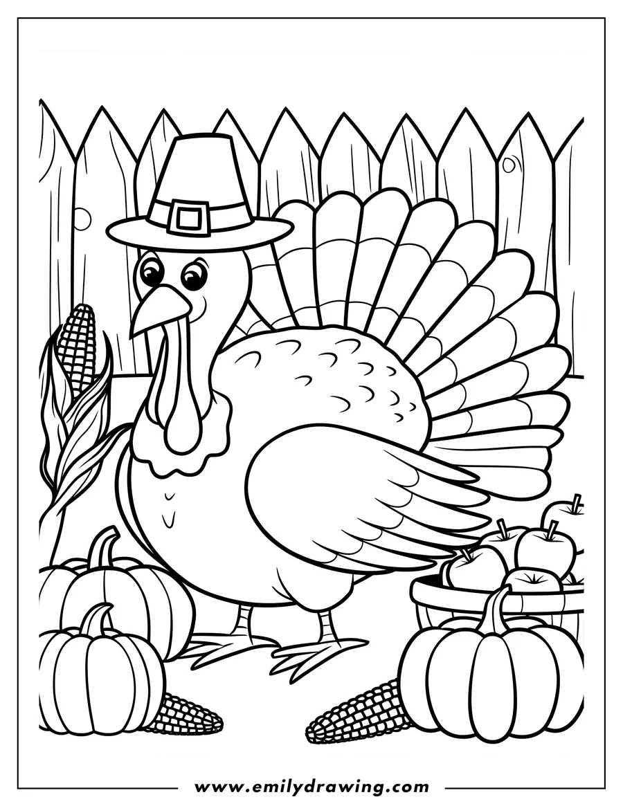 Outline of a turkey wearing a pilgrim hat, standing near a basket of apples, pumpkins, and corn.