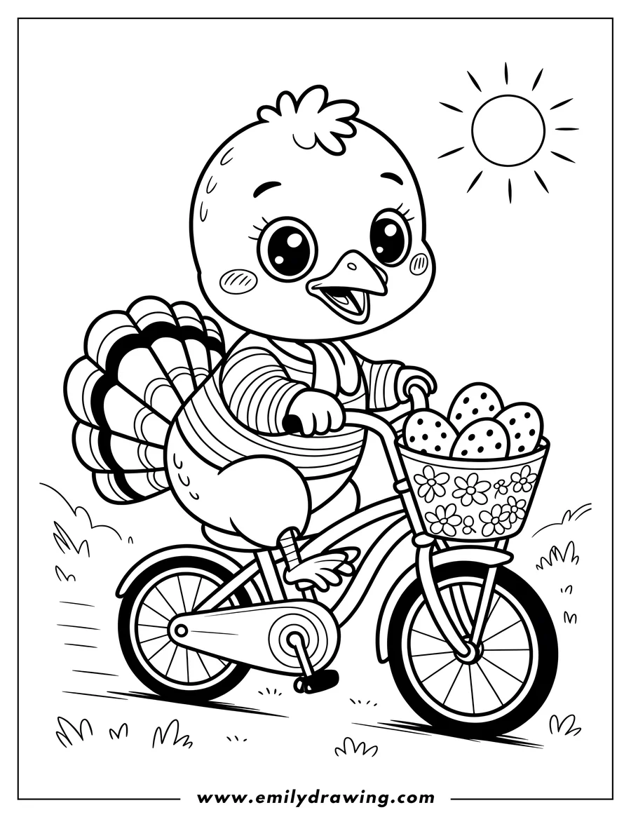 Outline of a cheerful turkey riding a bicycle with a basket of spotted eggs on the handlebars, set against a sunny backdrop.