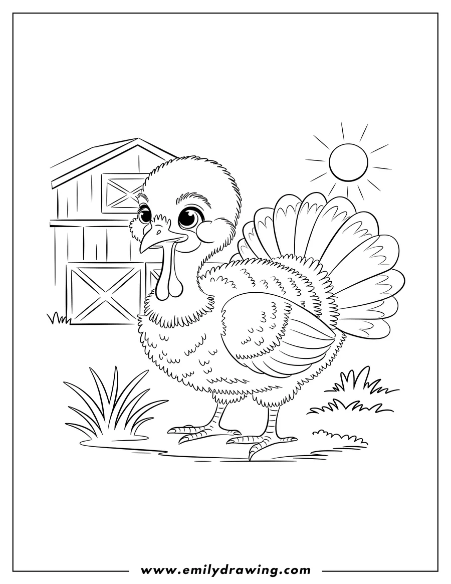 Outline of a fluffy turkey standing near a barn on a sunny day.