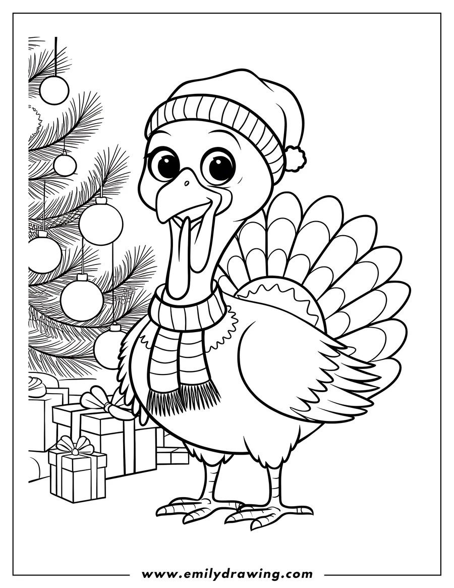 Outline of a turkey wearing a winter hat and scarf standing next to a decorated Christmas tree and presents.