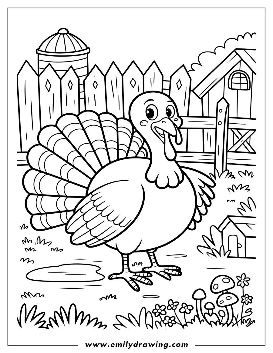 Outline of a turkey standing near a wooden fence on a farm, with a coop, silo, flowers, and mushrooms in the background.