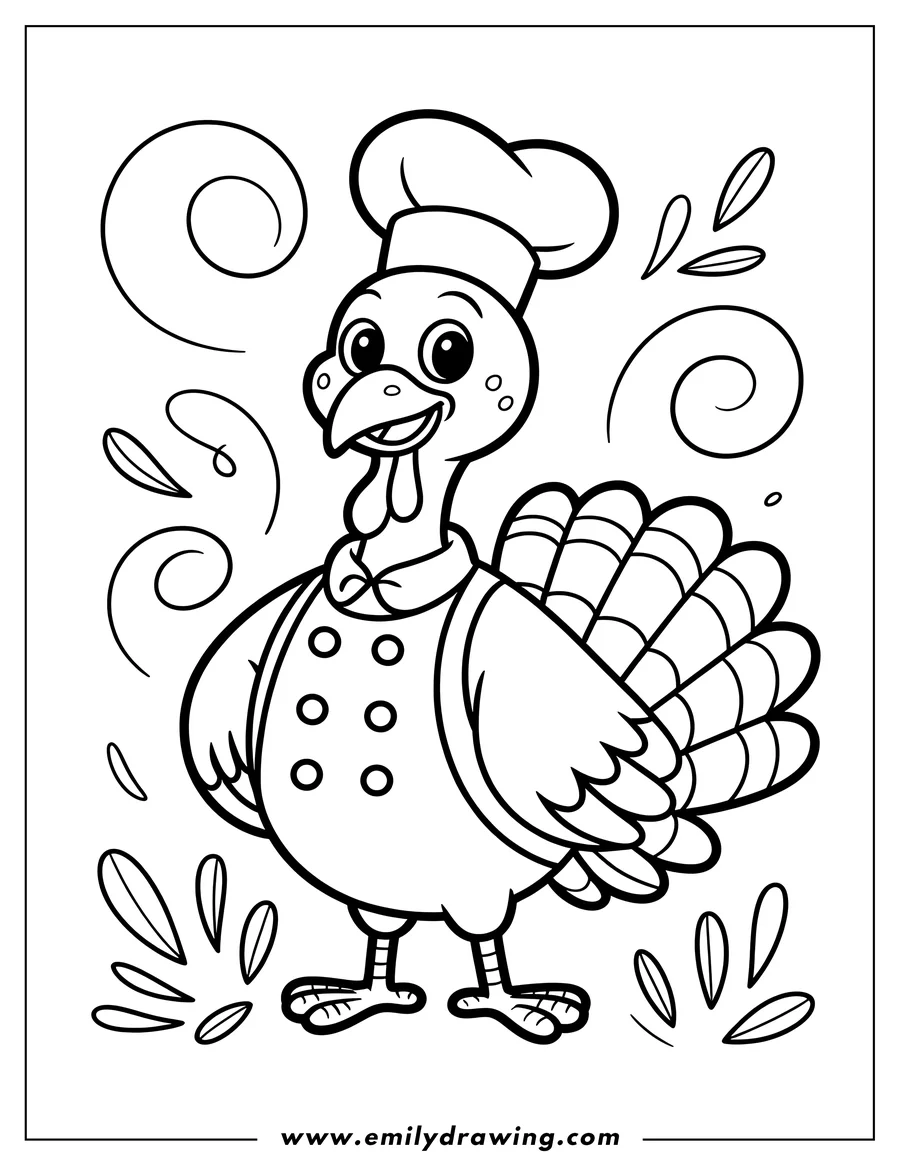 Line art of a turkey wearing a chef's hat and apron.
