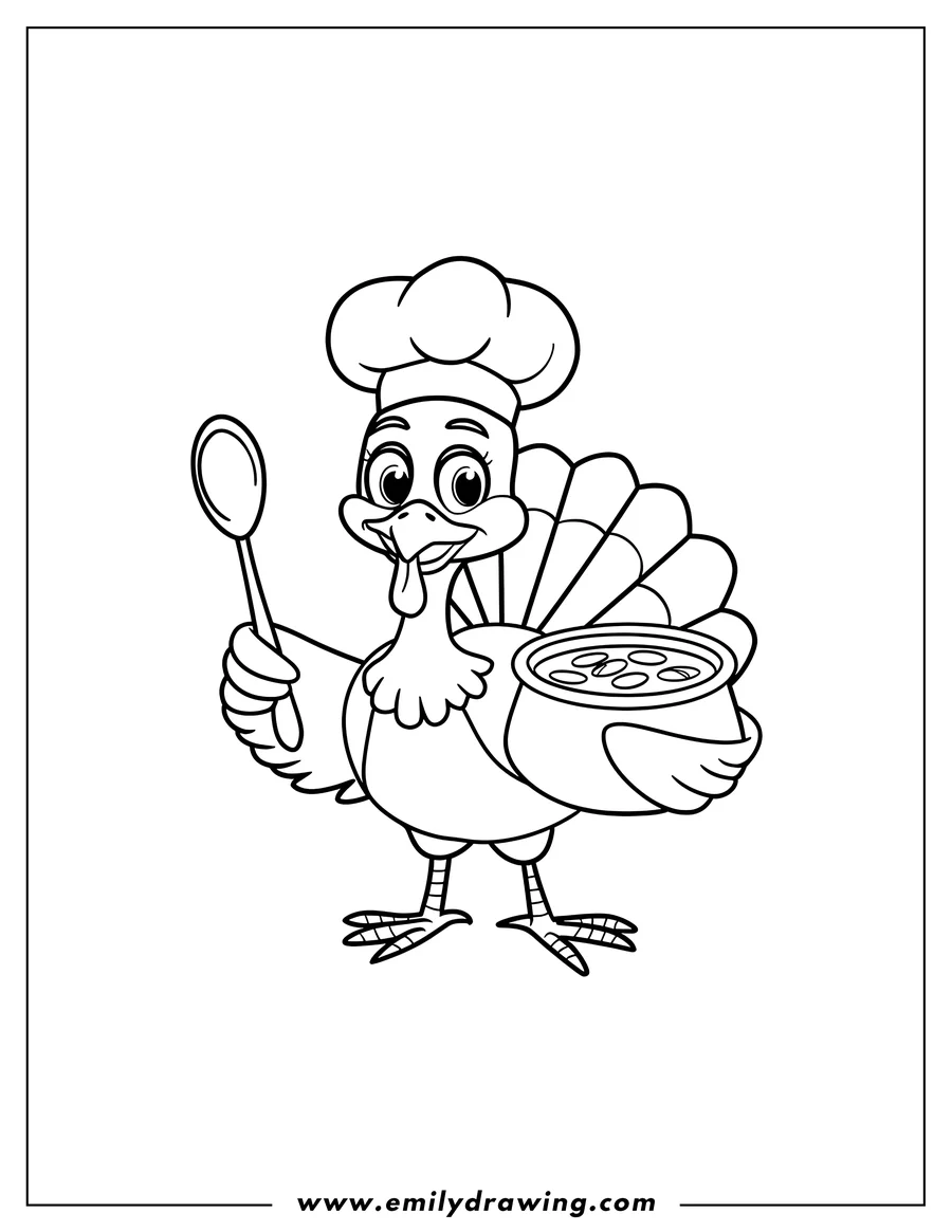Outline of a turkey chef holding a spoon and a pot of soup.