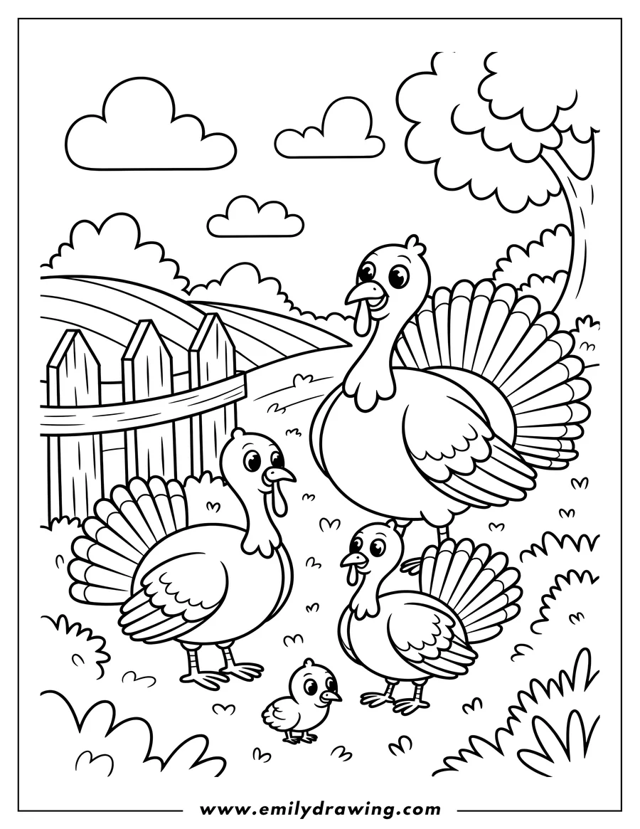Outline of a turkey family with a chick on a farm, near a fence and fields.