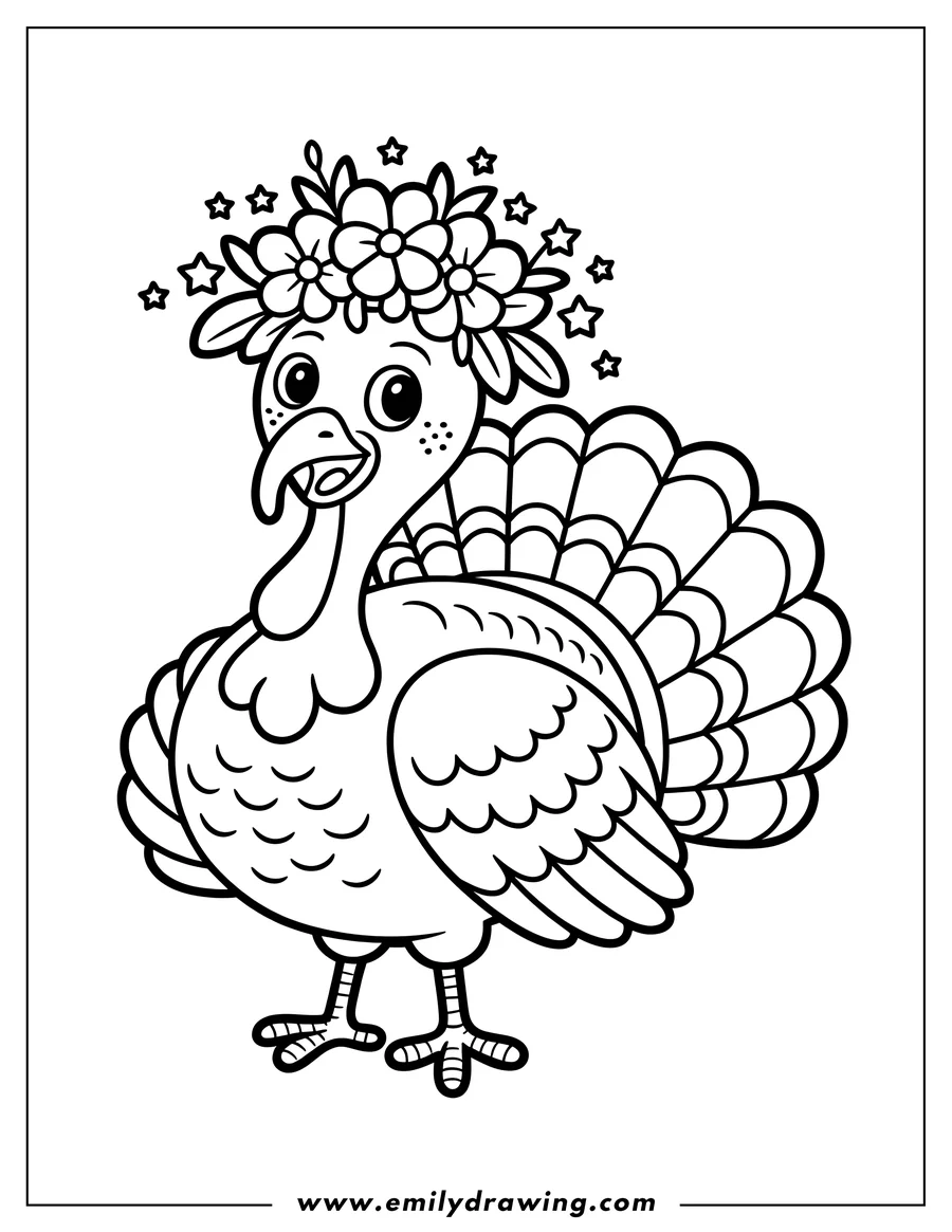 Outline of a turkey wearing a crown of flowers and little stars.