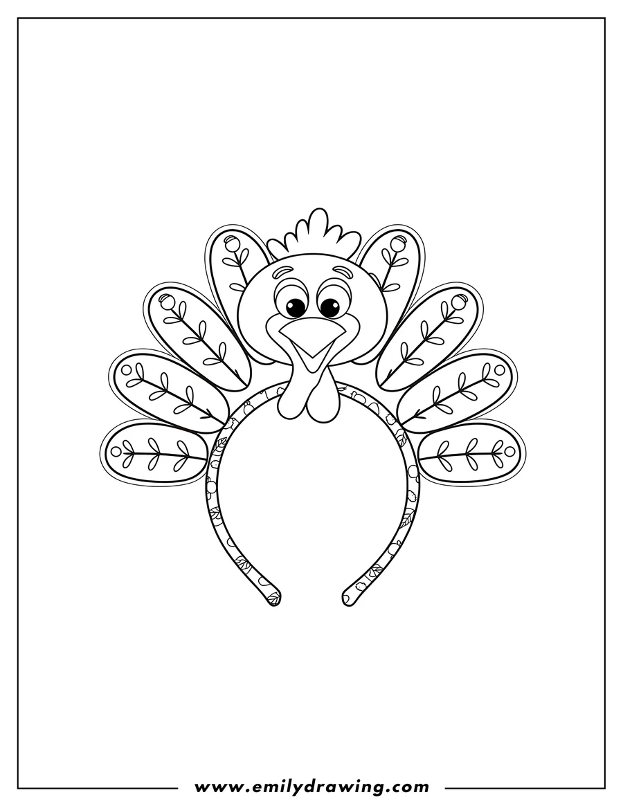 Line art of a turkey headband with decorative feathers.