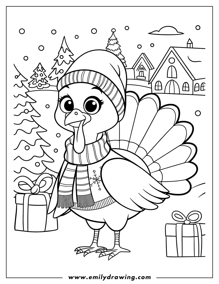 Outline of a turkey wearing a winter hat and scarf, standing near presents and decorated Christmas trees in a snowy scene.
