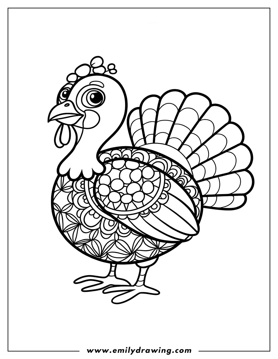 Line art of a turkey with a decorative mandala pattern on its body and feathers.
