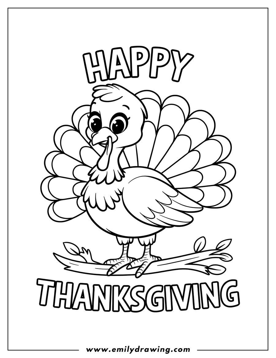 Line art of a turkey perched on a branch, ready to be colored.