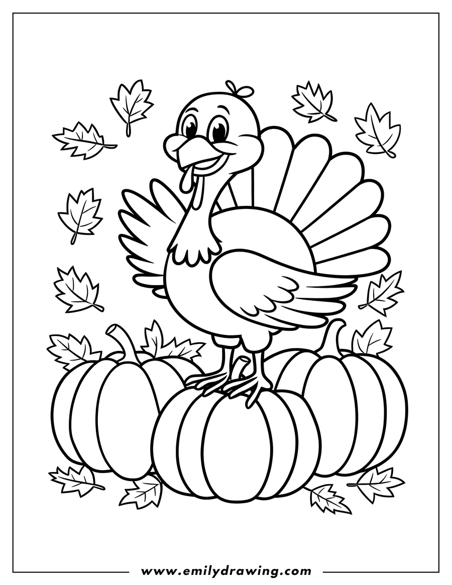 Outline of a cheerful turkey standing on pumpkins with autumn leaves falling around it.