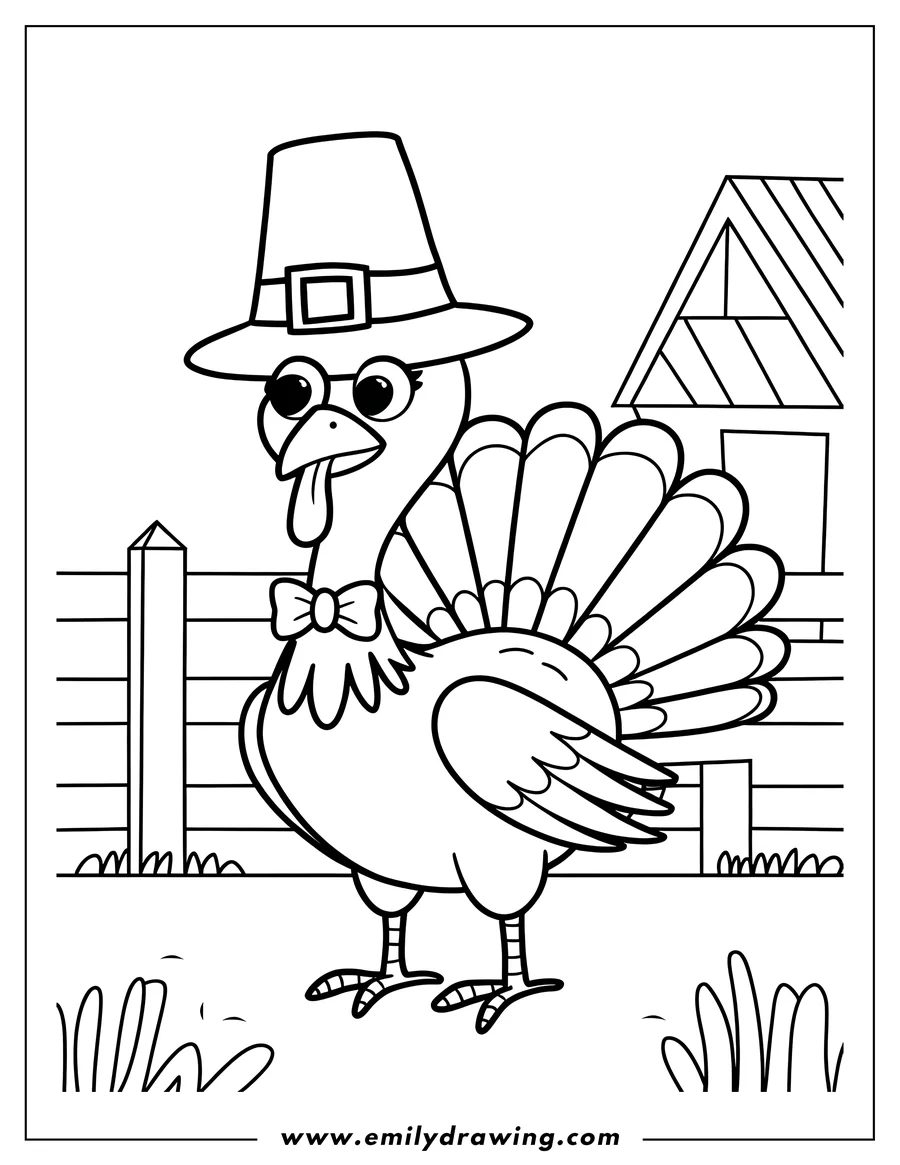 Outline of a turkey wearing a pilgrim hat and bow tie standing on a farm near a fence and barn.