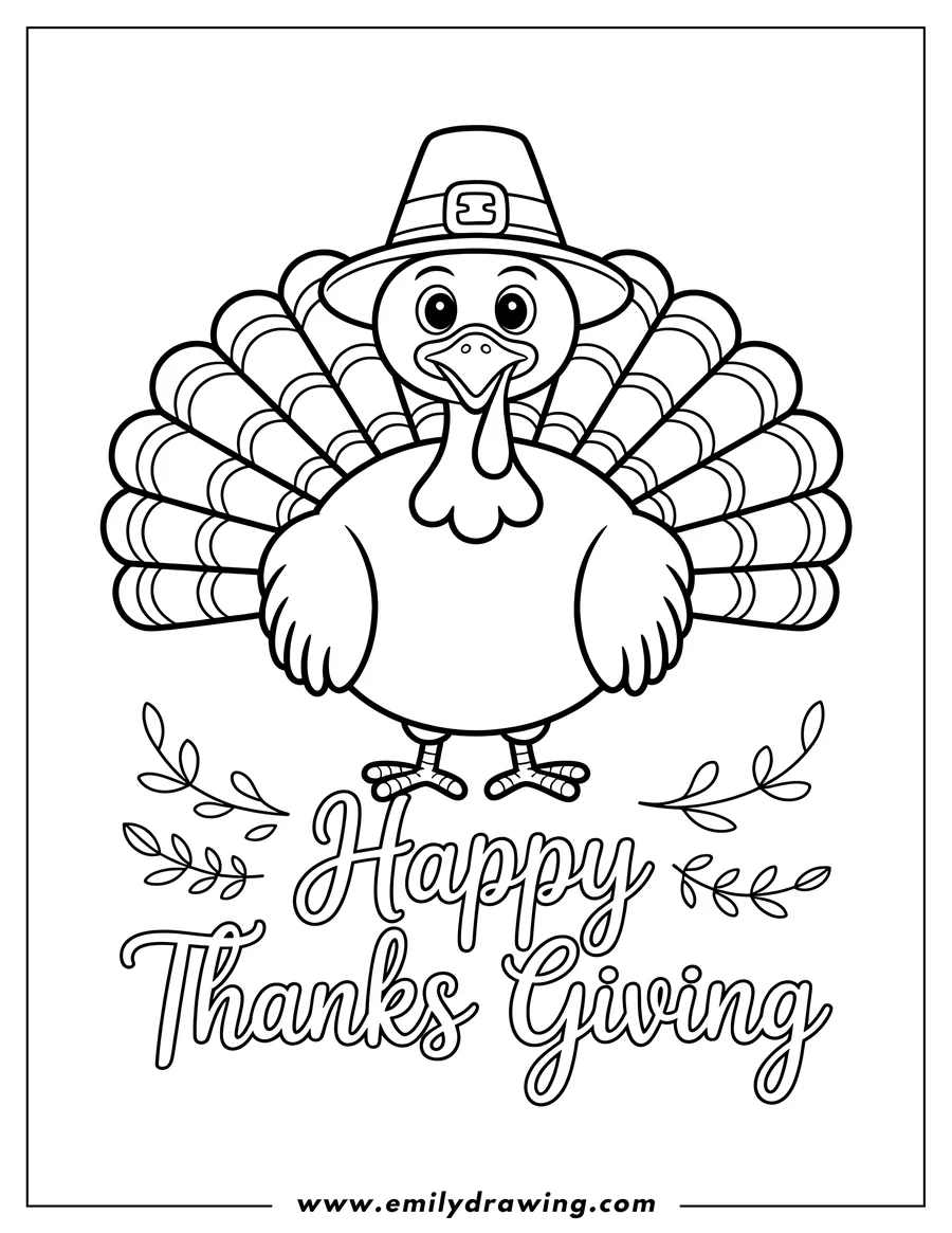 Outline of a turkey wearing a pilgrim hat for Thanksgiving. It has large tail feathers fanned out.