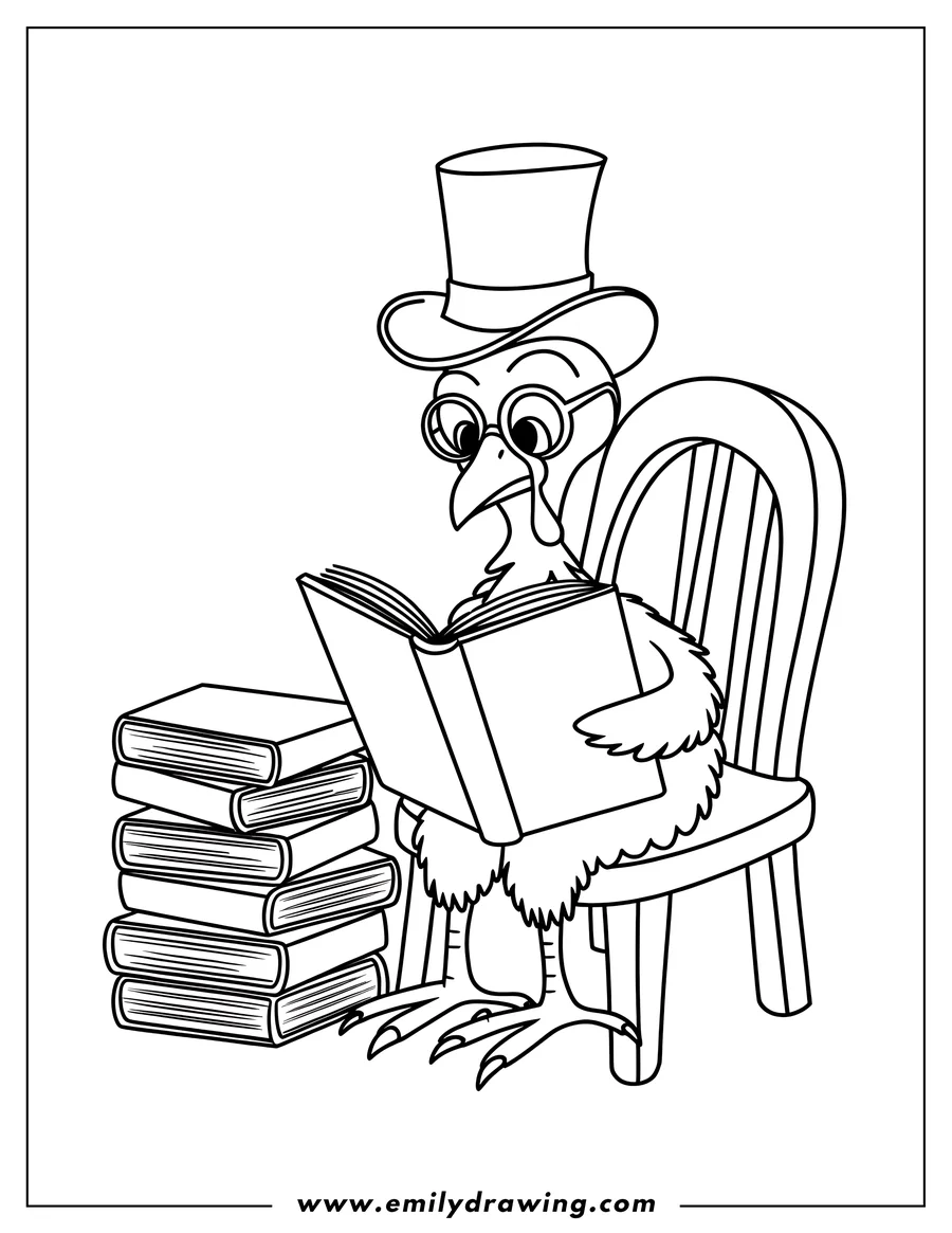Outline of a turkey wearing a top hat and glasses, sitting in a chair and reading a book. A stack of books sits on the floor beside the chair.