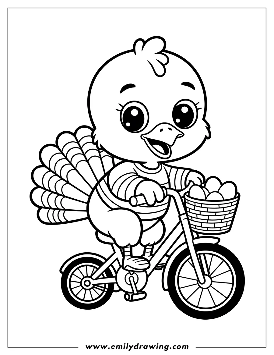 Outline of a cheerful turkey riding a bike with a basket of eggs.