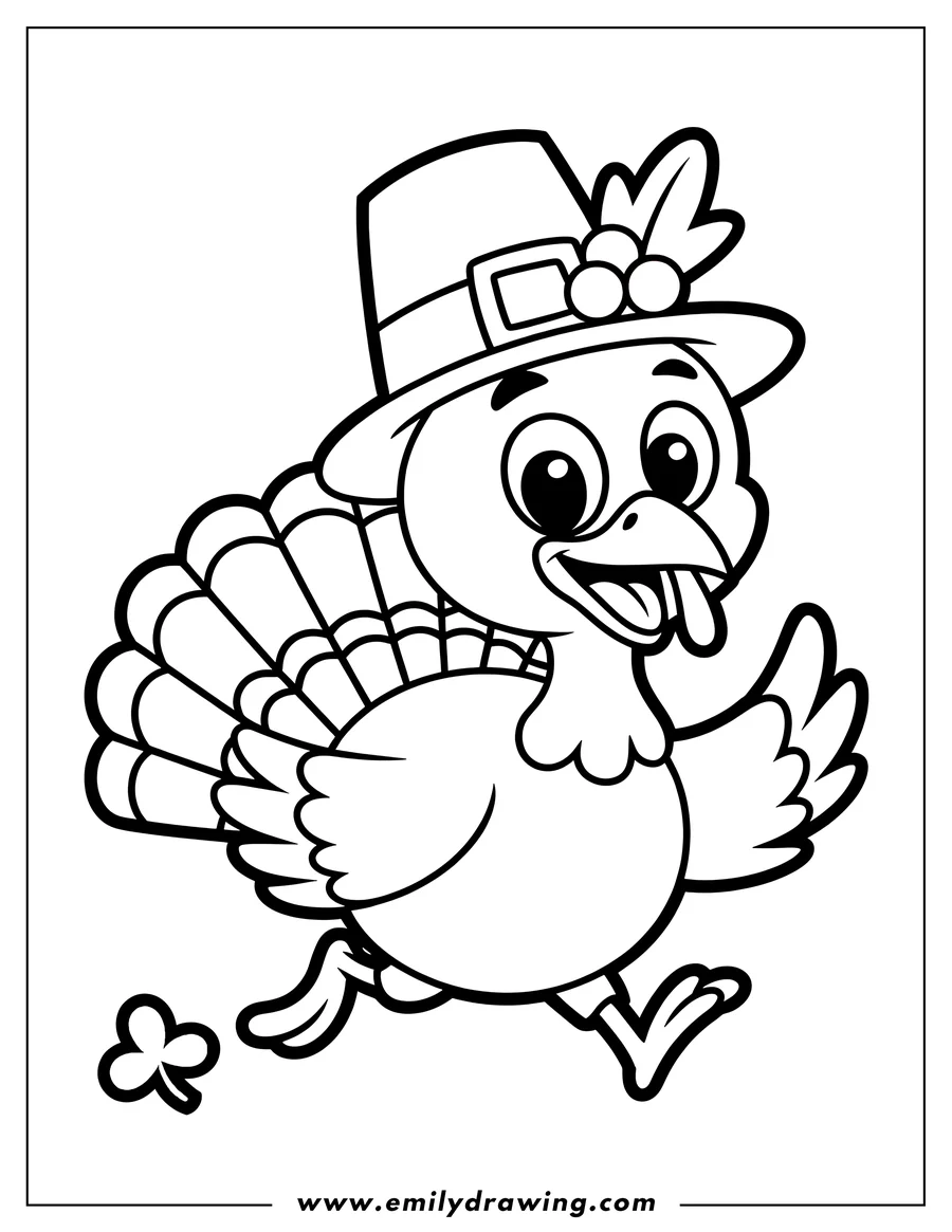 Line art of a turkey running. It's wearing a pilgrim hat and has a large, fanned-out tail.