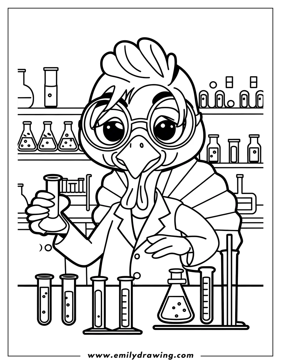 Line art of a turkey scientist wearing a lab coat and glasses, conducting an experiment with beakers and test tubes in a laboratory setting.
