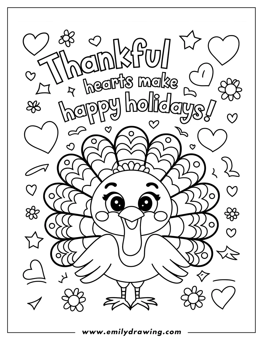 Outline of a cute turkey with a decorative tail, surrounded by hearts, stars, and flowers. The words 'Thankful hearts make happy holidays!' appear above the turkey.